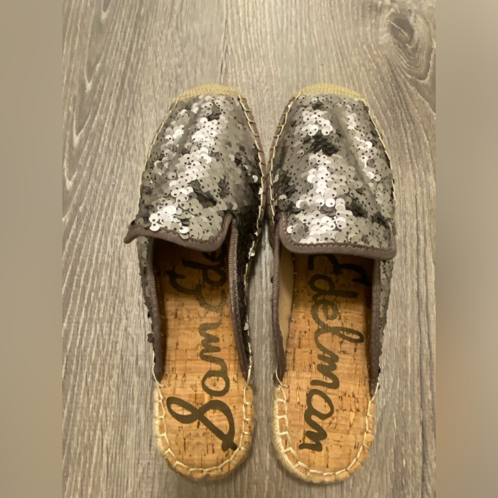 Women’s SAM EDELMAN Grey Sequin Slip On Flat Loafers Size 7